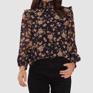 WAYF Floral Smocked Neck Blouse Black Pink Long Sleeve Size XS